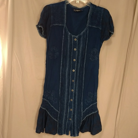 Boho Indian Dress Denim Blue Short Sleeve Embroidered mk Lg w/ Measurements - Picture 8 of 8